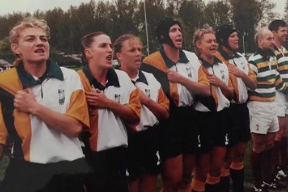 Selena Worsley (second from left) singing the national anthem with the Wallaroos at the 1998 World Cup in Amsterdam.
