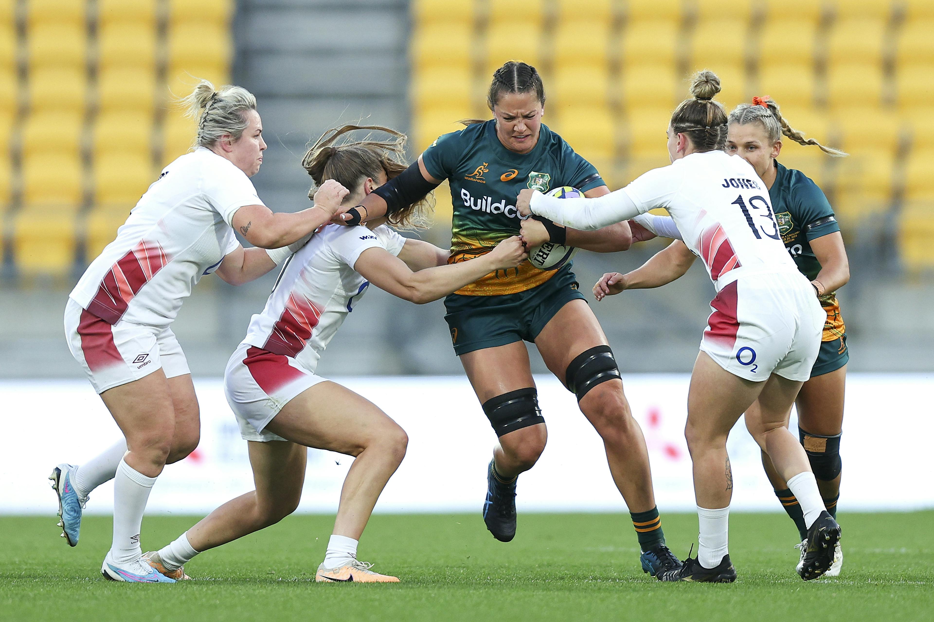 Wallaroos skipper Michaela Leonard takes on the English defence during Australia's WXV1 opener in Wellington. Picture: Getty